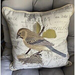 Embroidered Avian Bird Throw Pillow 16x16” burlap/polyester/cotton French Word